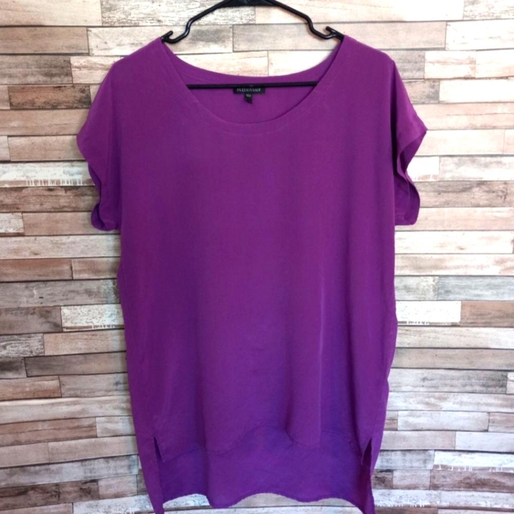Eileen Fisher 100% Silk top Size Small purple Short Sleeve High Low tunic